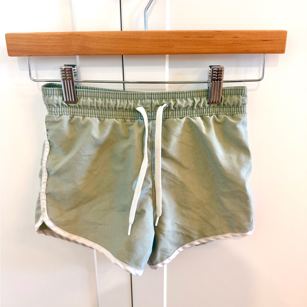 Green and White Swim Trunks with Elastic Waistband